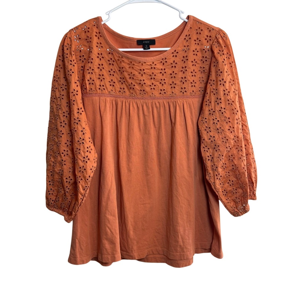 J. Crew Eyelet Sleeve Yoke Top Blouse‎ Size M Orange Cotton Casual Feminine
